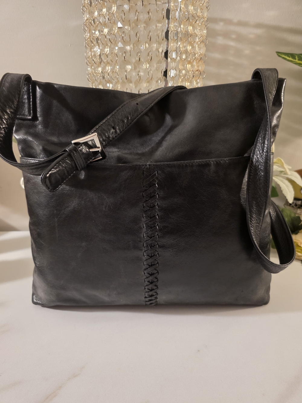 Danier Black Leather Shoulder Bag with Center Braid